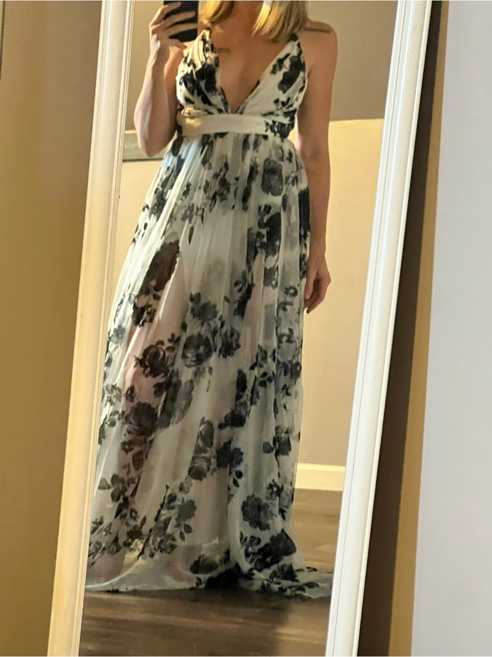 Fashion Nova White Maxi Dress with Black Floral Print
